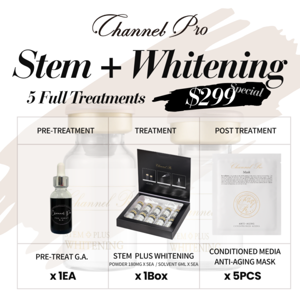 Channel Pro Stem + Whitening Includes: Channel pro Pre-Treat GA Channel Pro Stem + Whitening (powder & solvent) Hubislab Nova Cell Soothing Mask Channel Pro Conditioned Media Anti-aging Mask