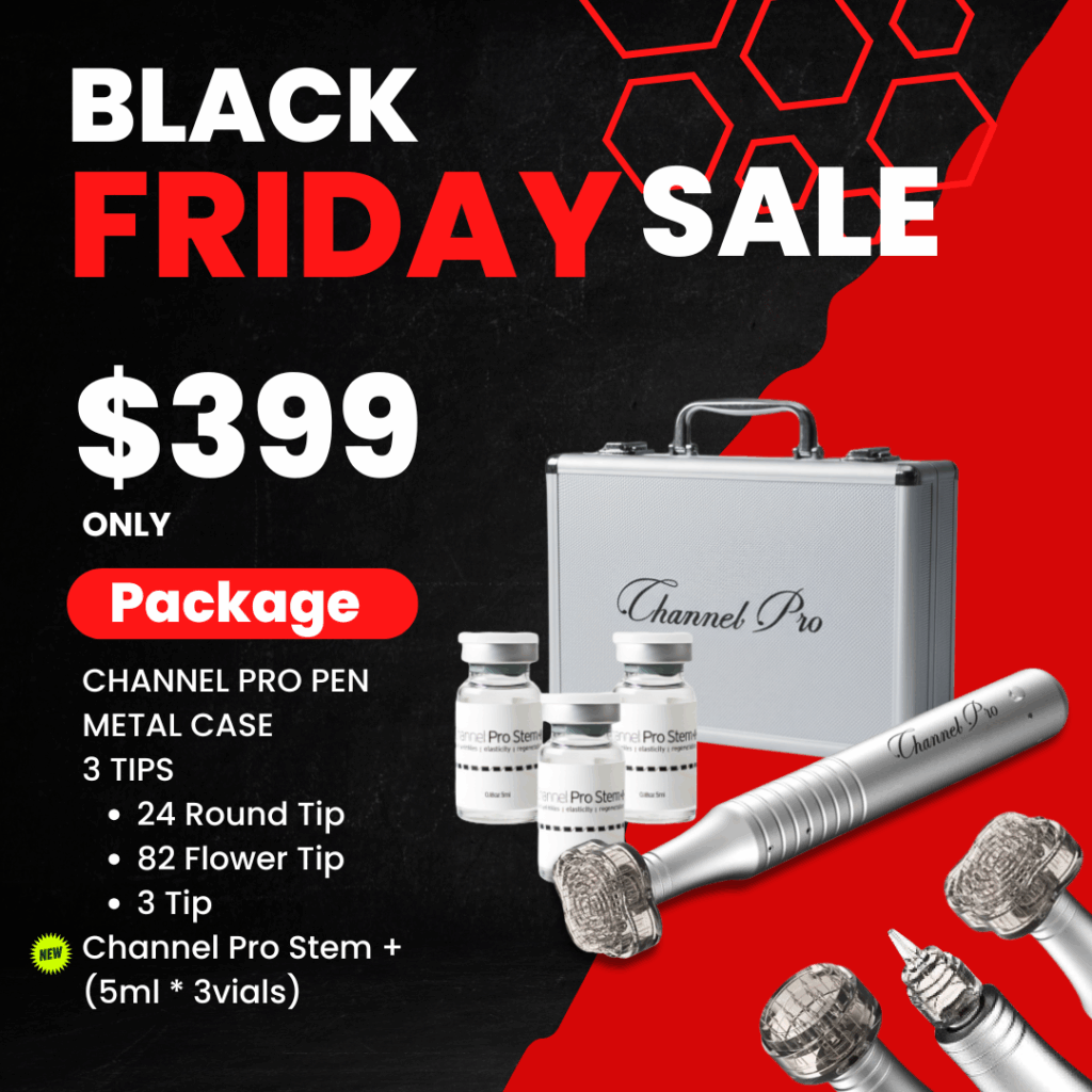 #1 Channel Pro Device 3 treatment Package Special_Black Friday Sale Channel Pro is the #1 microchanneling device. It creates precise channels for serums while minimizing unnecessary skin damage, resulting in shorter downtime and outstanding results. The specially designed tips are the key to its success! The best Microchanneling Device for Professionals Channel Pro is a professional Skin Channeling device that creates channels to let the serums do their work. What is included in? Channel Pro Device Channel Pro Device Holder Channel Pro Device Metal Case USB charger line 1ea of Flower tip 1ea of Round tip 1ea of  3Tip 1 Year unconditional warranty Free Training Channel Pro Stem + (5ml*3vials) - 3 types of exosomes, minerals, vitamin B complex, 20 amino acids How To Power On and Use Device: Hold button down for 3 seconds. That powers up device. Then tap the button for 1/2 a second and that turns on lower power mode. Tap the button a second time for 1/2 a second and that puts on high power mode. Hold button down for another count of three to power down.
