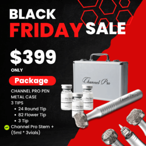 #1 Channel Pro Device 3 treatment Package Special_Black Friday Sale Channel Pro is the #1 microchanneling device. It creates precise channels for serums while minimizing unnecessary skin damage, resulting in shorter downtime and outstanding results. The specially designed tips are the key to its success! The best Microchanneling Device for Professionals Channel Pro is a professional Skin Channeling device that creates channels to let the serums do their work. What is included in? Channel Pro Device Channel Pro Device Holder Channel Pro Device Metal Case USB charger line 1ea of Flower tip 1ea of Round tip 1ea of  3Tip 1 Year unconditional warranty Free Training Channel Pro Stem + (5ml*3vials) - 3 types of exosomes, minerals, vitamin B complex, 20 amino acids How To Power On and Use Device: Hold button down for 3 seconds. That powers up device. Then tap the button for 1/2 a second and that turns on lower power mode. Tap the button a second time for 1/2 a second and that puts on high power mode. Hold button down for another count of three to power down.