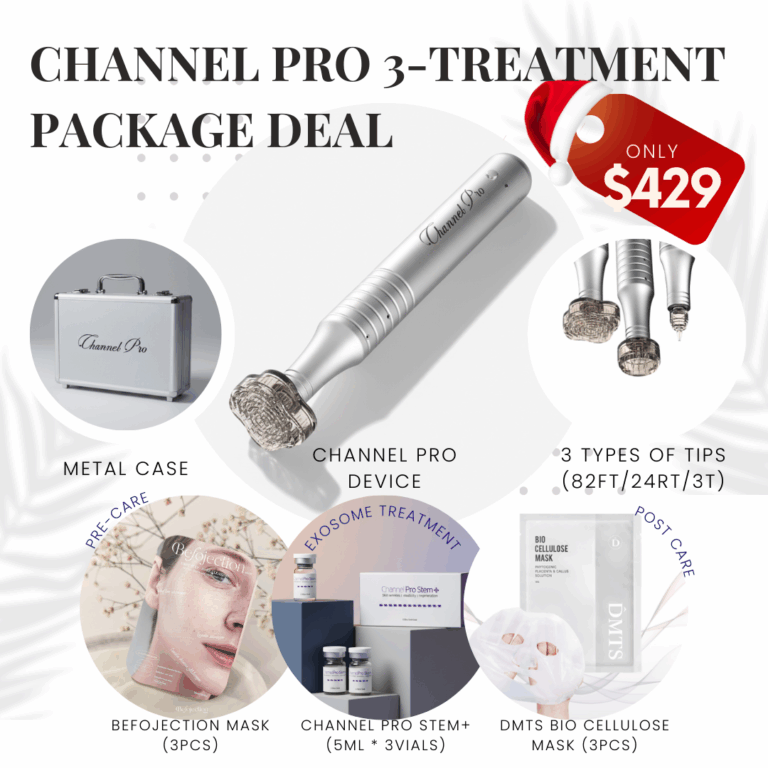#1 Channel Pro Device 3 Exosome Treatment Package Special Option 1. Channel Pro package with 3-treatment package special Option 2. Channel Pro Device ONLY #1 Channel Pro Device 3 treatment Package Special_Black Friday Sale The best exosome triple exosome Channel Pro is the #1 microchanneling device. It creates precise channels for serums while minimizing unnecessary skin damage, resulting in shorter downtime and outstanding results. The specially designed tips are the key to its success! The best Microchanneling Device for Professionals Channel Pro is a professional Skin Channeling device that creates channels to let the serums do their work. What is included in? Option 1.  Channel Pro Device Channel Pro Device Metal Case USB charger line 1ea of Flower tip 1ea of Round tip 1ea of  3Tip 1 Year unconditional warranty Free Training Channel Pro Stem + (5ml*3vials) - 3 types of exosomes, minerals, vitamin B complex, 20 amino acids Befojection Mask (3 sheets) - Pre-step mask DMTS Bio Cellulose Mask (3 sheets) - Post care Option 2. Channel Pro Device USB charger line 1ea of Flower tip 1ea of Round tip 1ea of  3Tip 1 Year unconditional warranty Free Training How To Power On and Use Device: Hold button down for 3 seconds. That powers up device. Then tap the button for 1/2 a second and that turns on lower power mode. Tap the button a second time for 1/2 a second and that puts on high power mode. Hold button down for another count of three to power down.