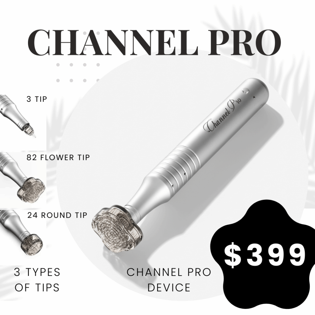#1 Channel Pro Device 3 Exosome Treatment Package Special Option 1. Channel Pro package with 3-treatment package special Option 2. Channel Pro Device ONLY #1 Channel Pro Device 3 treatment Package Special_Black Friday Sale The best exosome triple exosome Channel Pro is the #1 microchanneling device. It creates precise channels for serums while minimizing unnecessary skin damage, resulting in shorter downtime and outstanding results. The specially designed tips are the key to its success! The best Microchanneling Device for Professionals Channel Pro is a professional Skin Channeling device that creates channels to let the serums do their work. What is included in? Option 1.  Channel Pro Device Channel Pro Device Metal Case USB charger line 1ea of Flower tip 1ea of Round tip 1ea of  3Tip 1 Year unconditional warranty Free Training Channel Pro Stem + (5ml*3vials) - 3 types of exosomes, minerals, vitamin B complex, 20 amino acids Befojection Mask (3 sheets) - Pre-step mask DMTS Bio Cellulose Mask (3 sheets) - Post care Option 2. Channel Pro Device USB charger line 1ea of Flower tip 1ea of Round tip 1ea of  3Tip 1 Year unconditional warranty Free Training How To Power On and Use Device: Hold button down for 3 seconds. That powers up device. Then tap the button for 1/2 a second and that turns on lower power mode. Tap the button a second time for 1/2 a second and that puts on high power mode. Hold button down for another count of three to power down.