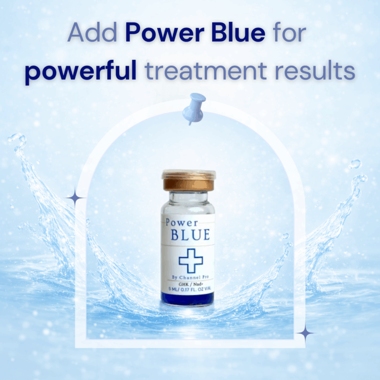 Channel Pro Power Blue GHK/Nad+ 5ml -Powered by the natural blue energy of GHK and NAD+, Power Blue reawakens tired skin by boosting cellular energy and repair. NAD+ helps restore vitality, strengthen skin resilience, and enhance overall skin performance. For maximum impact, combine Power Blue with exosomes or customized treatment cocktails to unlock powerful, accelerated results—making it the perfect final step in advanced professional protocols.