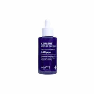 Dr. Sante Azulene Soother Ampoule (50ml) Contains the highest concentration of Guaiac Azulene (1,000ppm) — the ultimate soothing moisture ampoule. Dr. Sante Azulene Soother Ampoule Ingredients: Chamomile Flower Water (79%), Purified Water, Butylene Glycol, Dipropylene Glycol, Methylpropanediol, 1,2-Hexanediol, Glycerin, Sodium Hyaluronate Crosspolymer, Sodium Acetylated Hyaluronate, Hydroxypropyltrimonium Hyaluronate, Hydrolyzed Hyaluronic Acid, Potassium Hyaluronate, Hydrolyzed Sodium Hyaluronate, Sodium Hyaluronate, Sodium Guanylate Sulfonate (1,000 ppm), Centella Asiatica Extract, Beta-Glucan, Bottle Gourd Extract, Lotus Root Extract, Raspberry Extract, Acai Palm Fruit Extract, Rosehip Extract, Cranberry Extract, Vitis Vinifera (Grape) Fruit Extract, Elderberry Fruit Extract, Strawberry Extract, Panthenol, Pentylene Glycol, Caprylyl Glycol, Tocopheryl Acetate, Phytosterol Isostearate, Caprylic/Capric Triglyceride, Hydroxyacetophenone, Squalane, Carbomer, Tromethamine, Sodium Hyaluronate, Disodium EDTA, Fragrance, Ethylhexylglycerin.